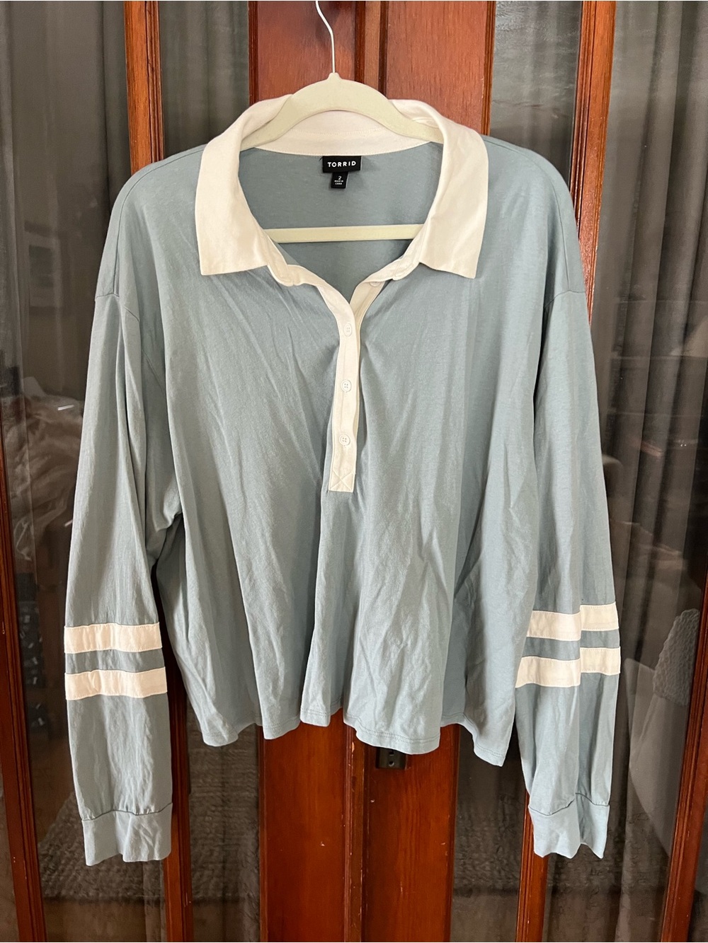 torrid Powder Blue Long Sleeve Cropped Top with White Collar